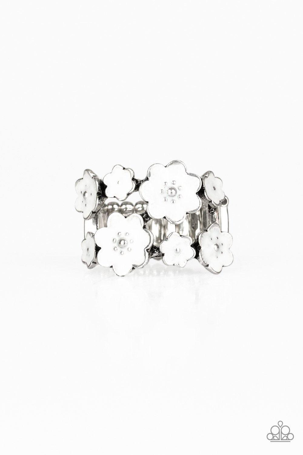 Paparazzi Accessories Floral Crowns - White A collection of shiny white flowers delicately connect across the finger, creating a colorful layered look for a seasonal flair. Features a dainty stretchy band for a flexible fit. Jewelry