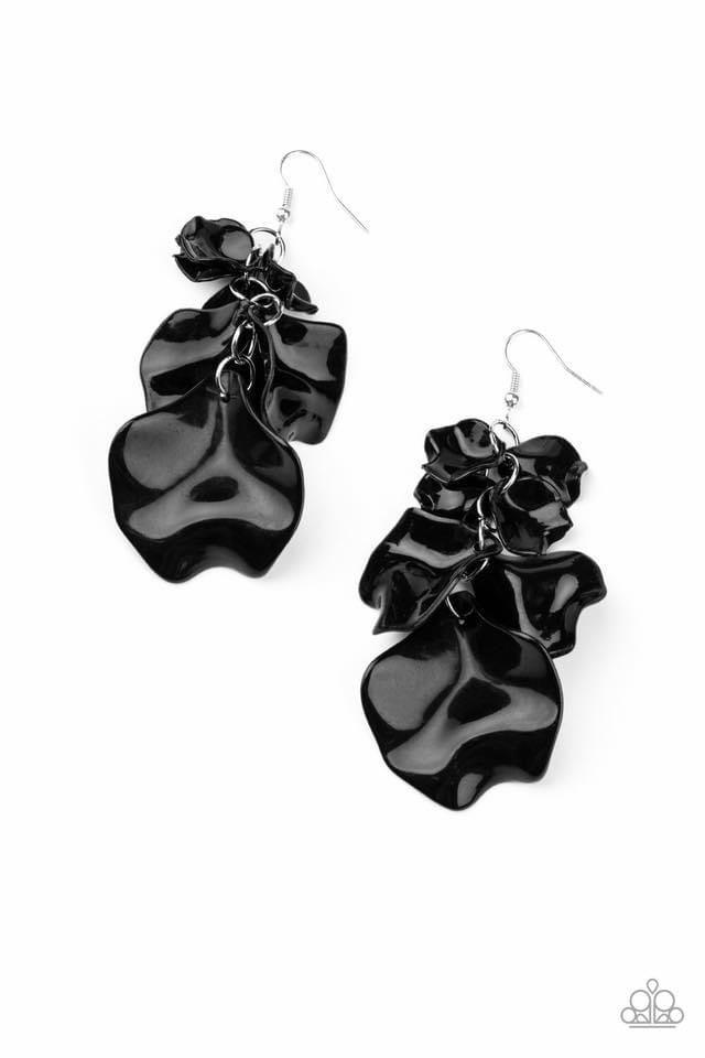 Paparazzi Accessories Fragile Florals - Black Featuring a shiny black finish, glass-like acrylic petals cascade from the ear, coalescing into a whimsical lure. Earring attaches to a standard fishhook fitting. Jewelry