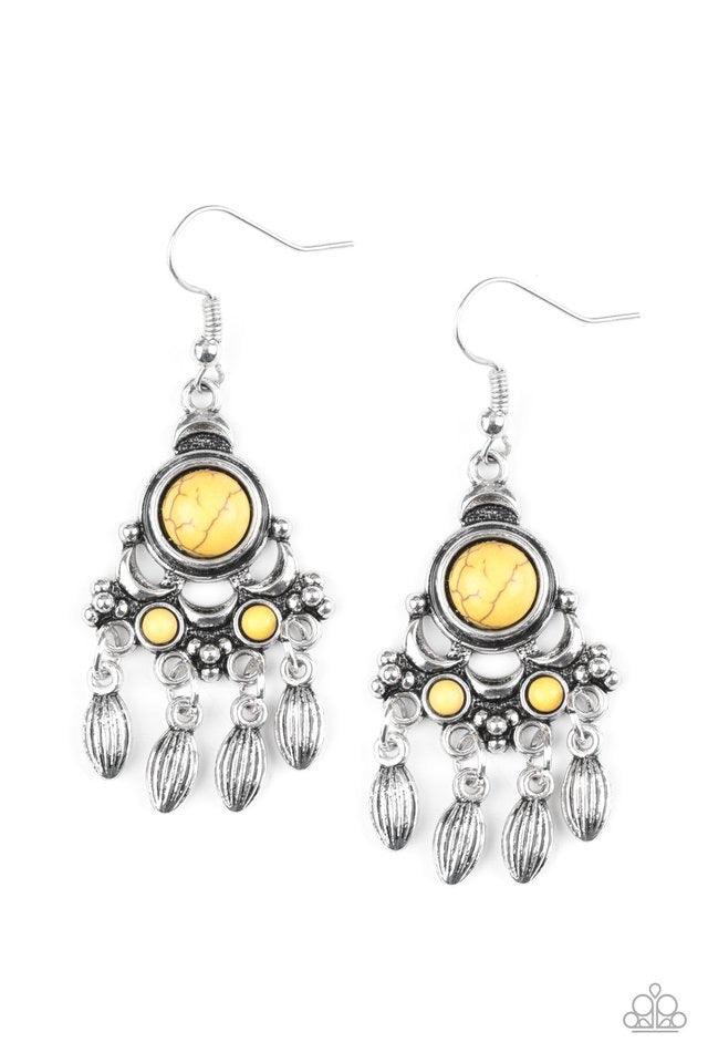 Paparazzi Accessories No Place Like HOMESTEAD - Yellow Dotted with sunny yellow stone accents, an ornate silver frame gives way to a silver beaded fringe for a seasonal look. Earring attaches to a standard fishhook fitting. Jewelry