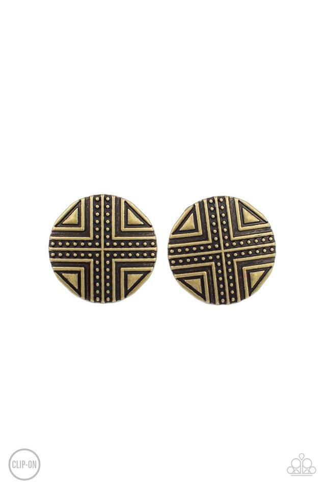 Paparazzi Accessories Shielded Shimmer - Brass *Clip-On Brushed in an antiqued shimmer, a round brass frame is studded and embossed in crisscrossed geometric patterns for an indigenous look. Earring attaches to a standard clip-on fitting. Sold as one pair