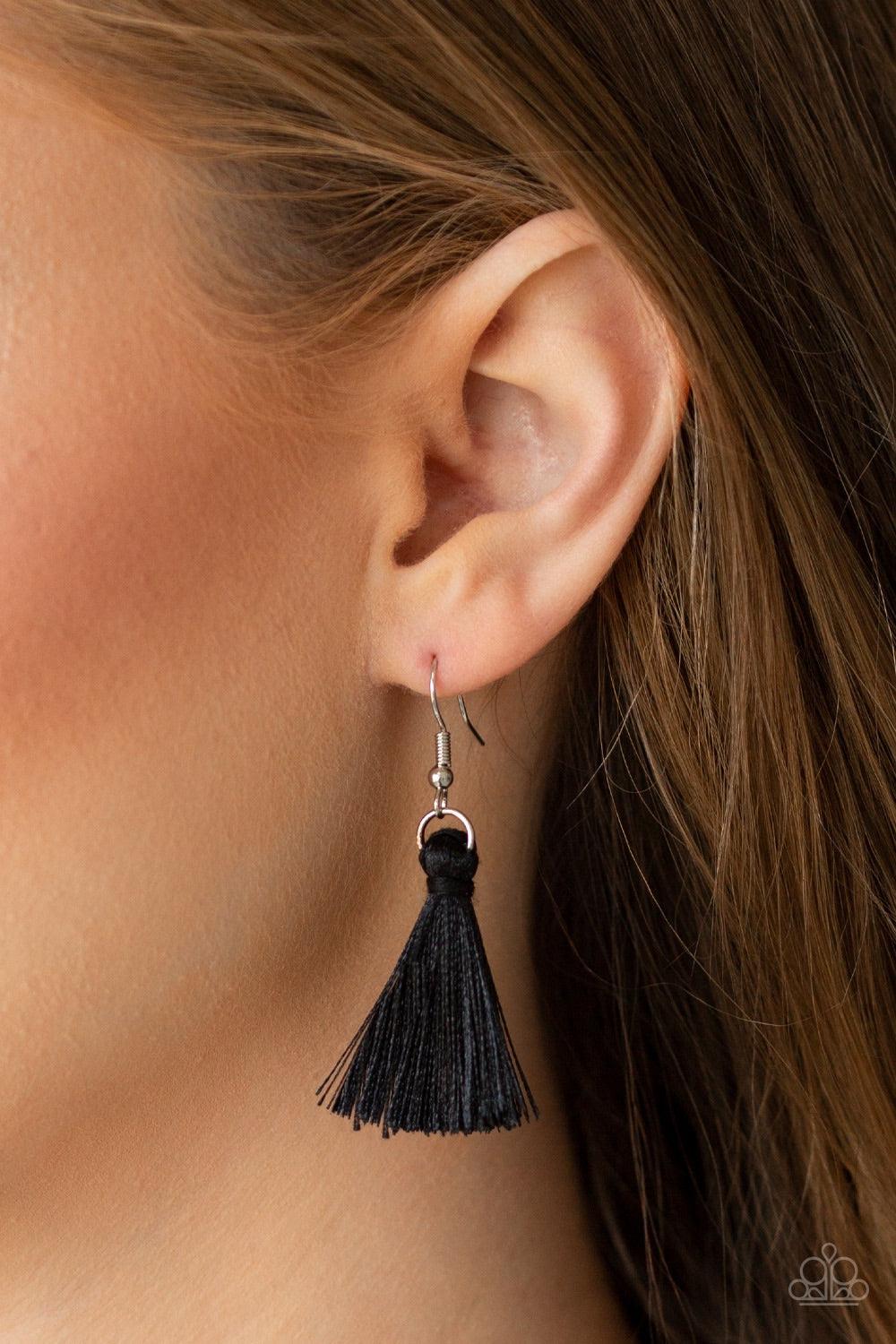Paparazzi Accessories Triple The Tassel - Black Featuring shimmery black thread, a 3-tiered tassel swings from the bottom of a lengthened silver chain for a colorful, wanderlust vibe. Features an adjustable clasp closure. Jewelry