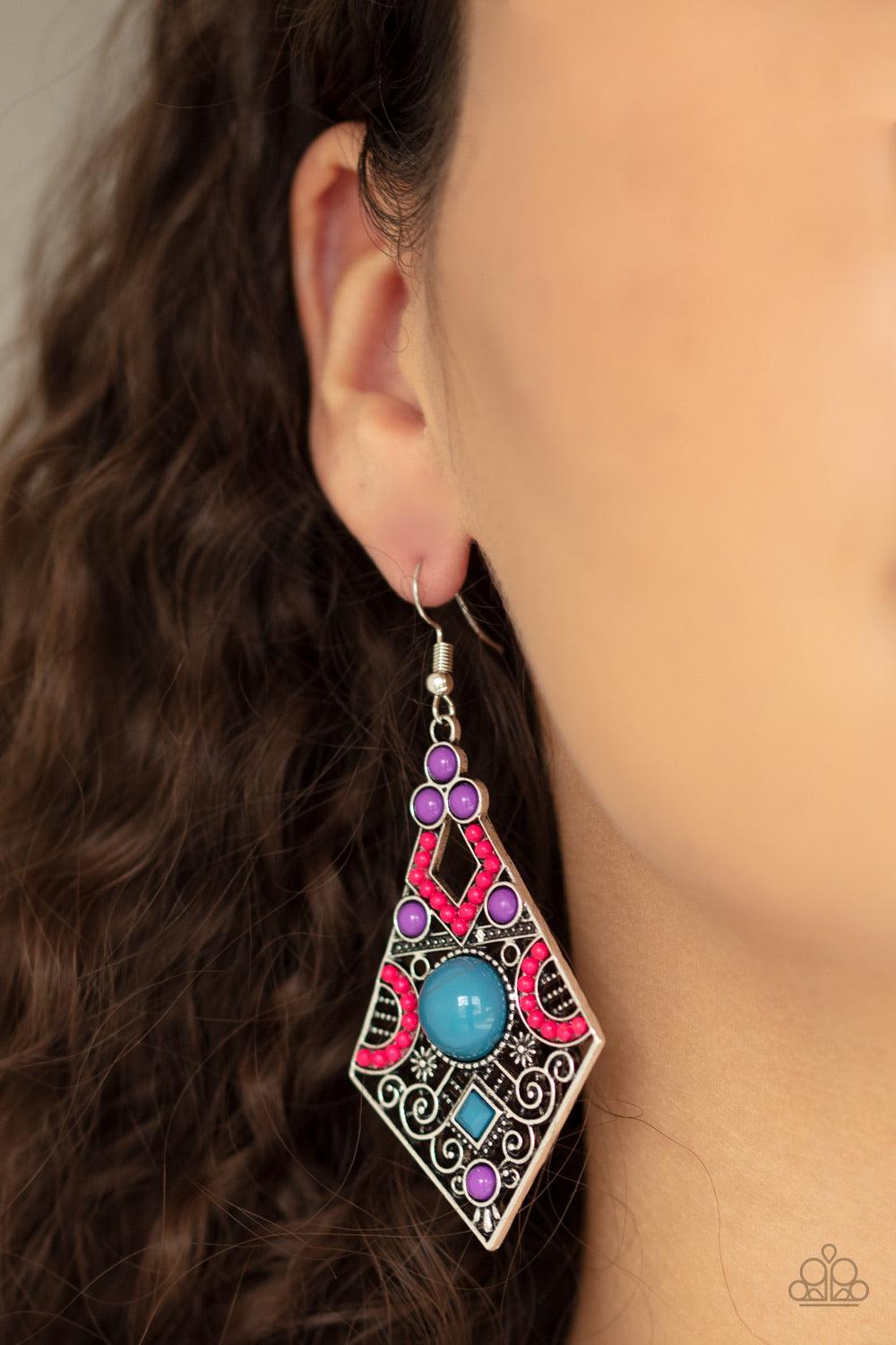 Paparazzi Accessories Malibu Meadows - Multi Featuring refreshing blue, pink, and purple beading, an ornate silver frame radiating with floral and studded filigree swings from the ear for a colorful look. Earring attaches to a standard fishhook fitting. S