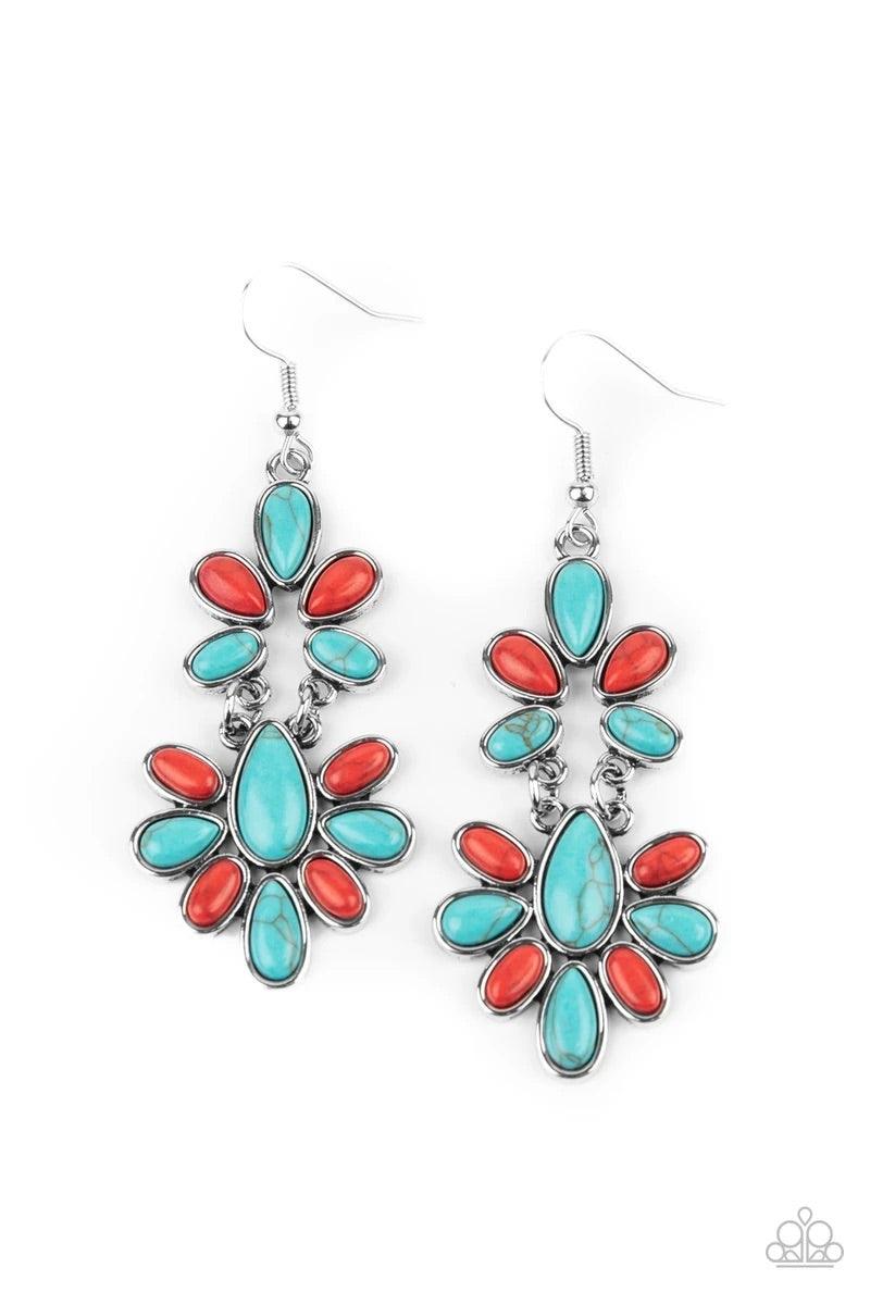 Paparazzi Accessories Cactus Cruise - Multi Encased in sleek silver frames, refreshing turquoise and fiery red stone teardrop frames delicately link into a wildly wonderfully floral pattern. Earring attaches to a standard fishhook fitting. Sold as one pai