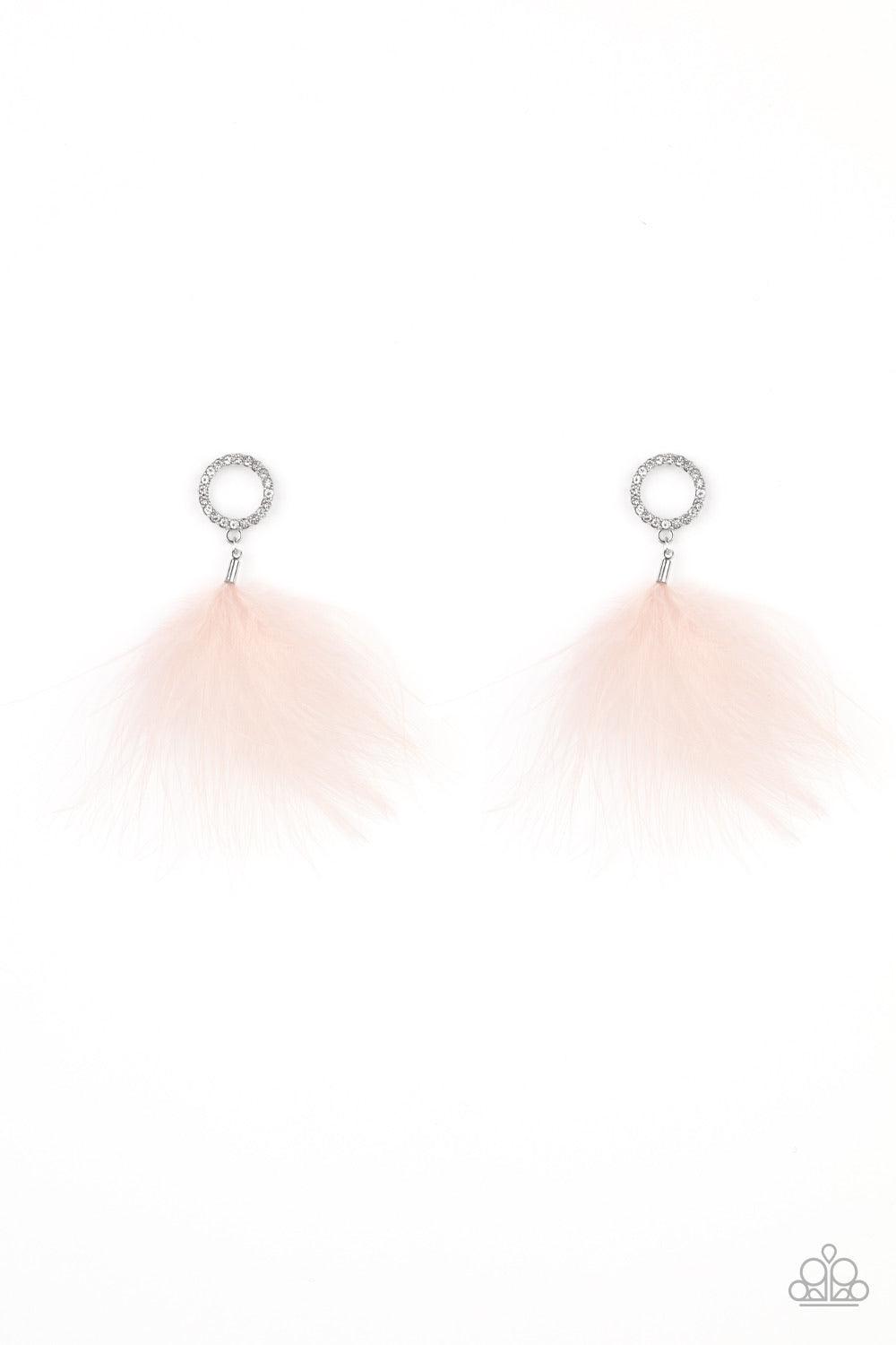 Paparazzi Accessories BOA Down - Pink A fuzzy pink feather swings from the bottom of a white rhinestone encrusted silver ring, creating a refined lure. Earring attaches to a standard post fitting. Sold as one pair of post earrings. Jewelry