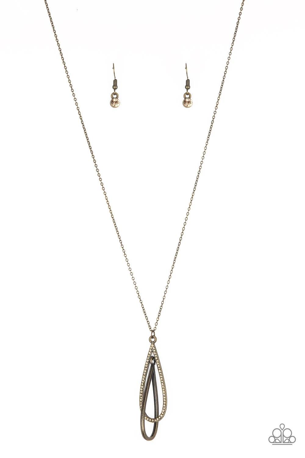 Paparazzi Accessories Step Into The Spotlight - Brass Infused with an elegantly elongated brass chain, a topaz rhinestone encrusted teardrop interlocks with a smooth brass teardrop, creating a refined pendant. Features an adjustable clasp closure. Sold as