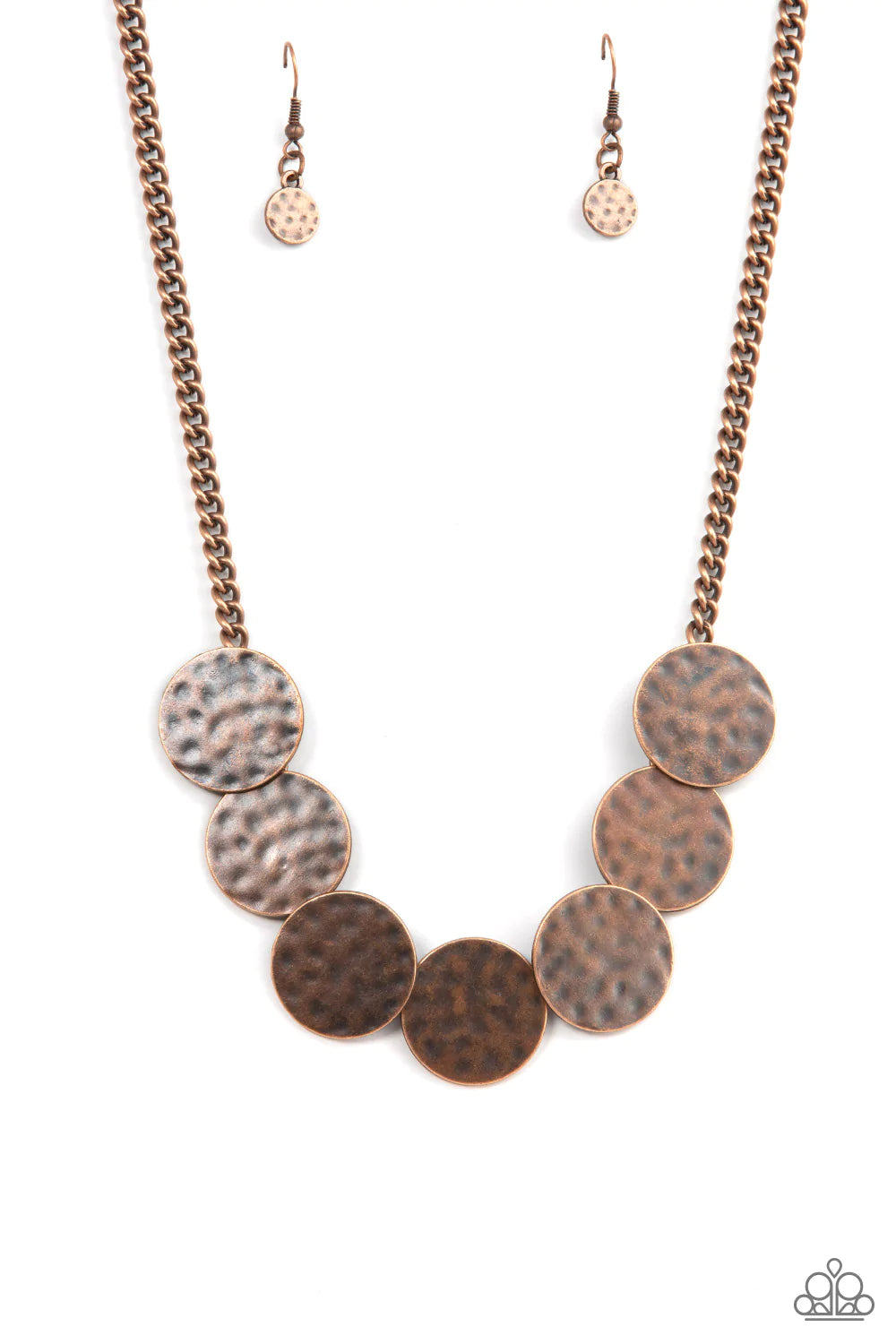 Paparazzi Accessories Flip A Coin - Copper Brushed in a rustic finish, a row of hammered copper discs delicately overlap as they link below the collar for a gritty edge. Features an adjustable clasp closure. Sold as one individual necklace. Includes one p