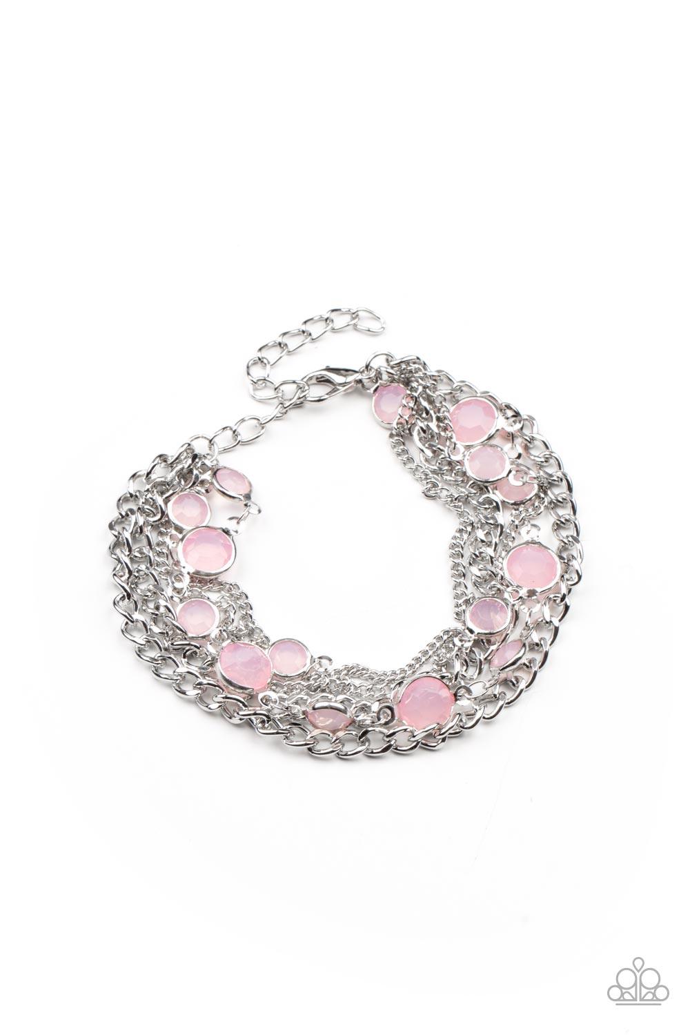 Paparazzi Accessories Glossy Goddess - Pink Infused with glassy Pale Rosette beaded strands, layers of mismatched silver chains drape around the wrist for an ethereal pop of color. Features an adjustable clasp closure. Sold as one individual bracelet. Jew