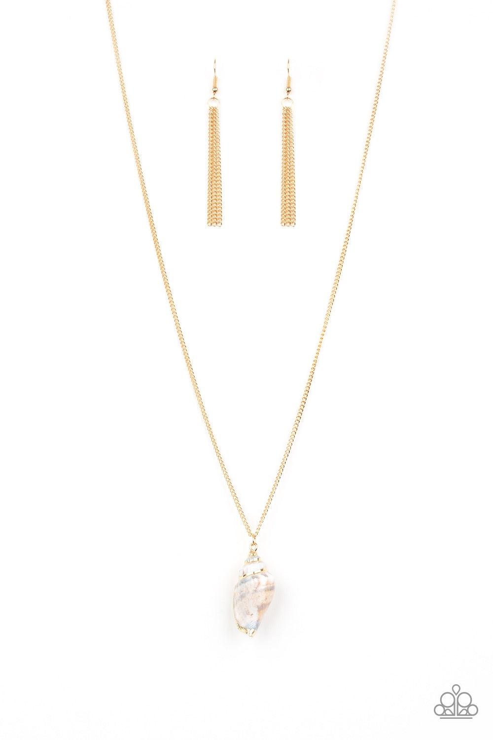 Paparazzi Accessories Breaking Out Of My Shell - Gold Bordered in a glistening gold finish, an iridescent seashell swings from the bottom of a lengthened gold chain for a summery flair. Features an adjustable clasp closure. Jewelry