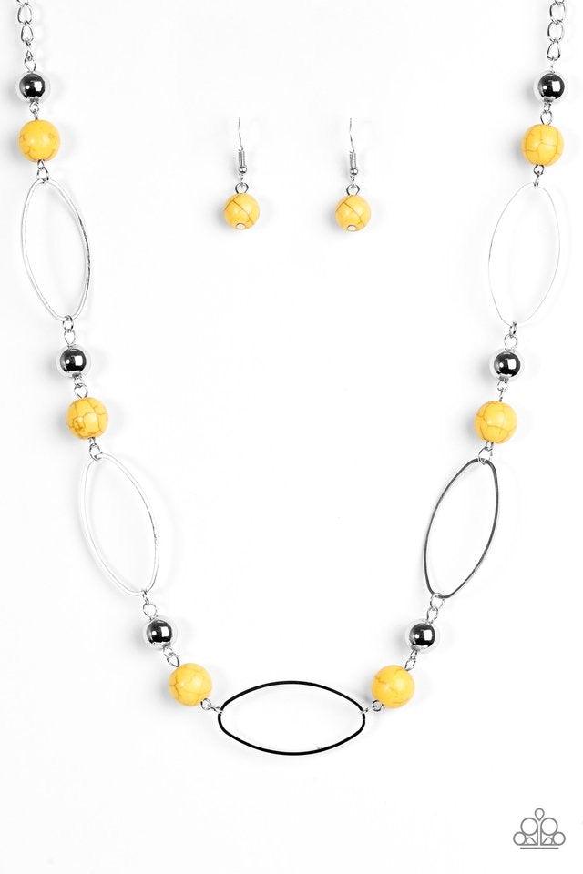 Paparazzi Accessories Simple Stonework - Yellow Sunny yellow stones and classic silver beads join airy silver hoops along a silver chain for a seasonal look. Features an adjustable clasp closure. Jewelry