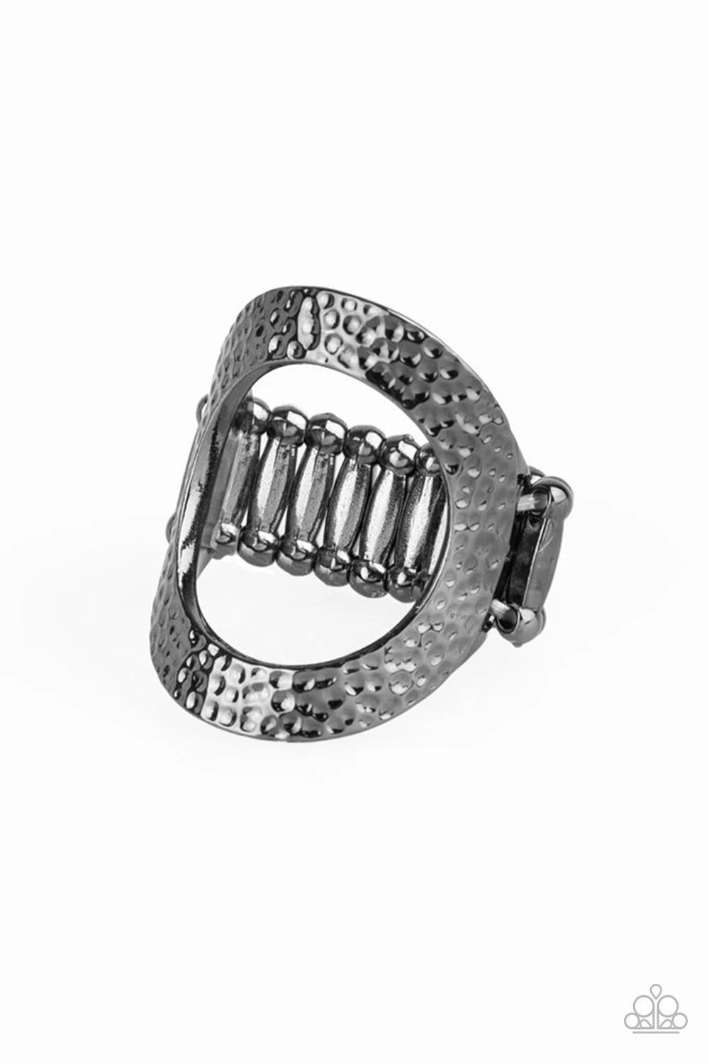 Paparazzi Accessories Tour De Contour - Black Delicately hammered in shimmery textures, a glistening gunmetal frame circles atop the finger for a modern look. Features a stretchy band for a flexible fit. Sold as one individual ring. Jewelry