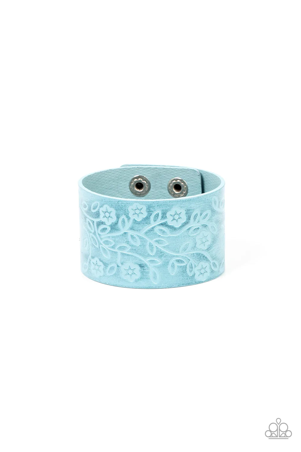 Paparazzi Accessories Rosy Wrap Up - Blue A flowery and leafy motif blooms across the front of a distressed blue leather band, resulting in a rustic floral centerpiece around the wrist. Features an adjustable snap closure. Sold as one individual bracelet.