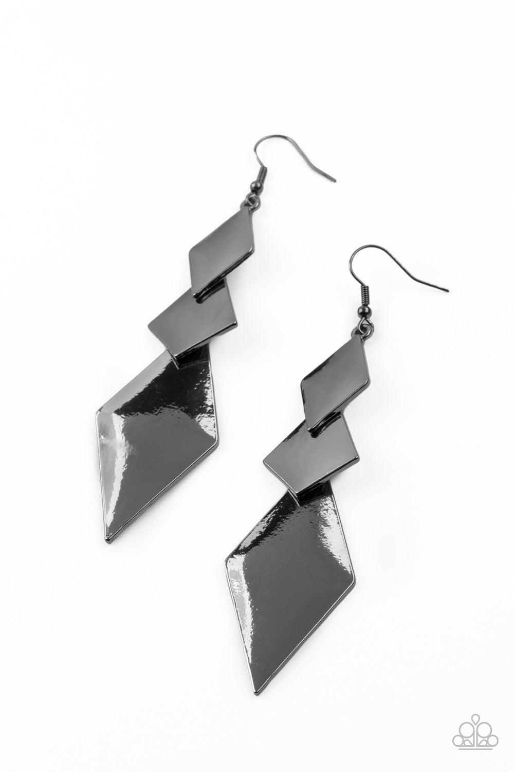 Paparazzi Accessories Danger Ahead - Black A trio of shiny mismatched kite-shaped frames overlap into a sharp-looking lure. Earring attaches to a standard fishhook fitting. Sold as one pair of earrings. Jewelry