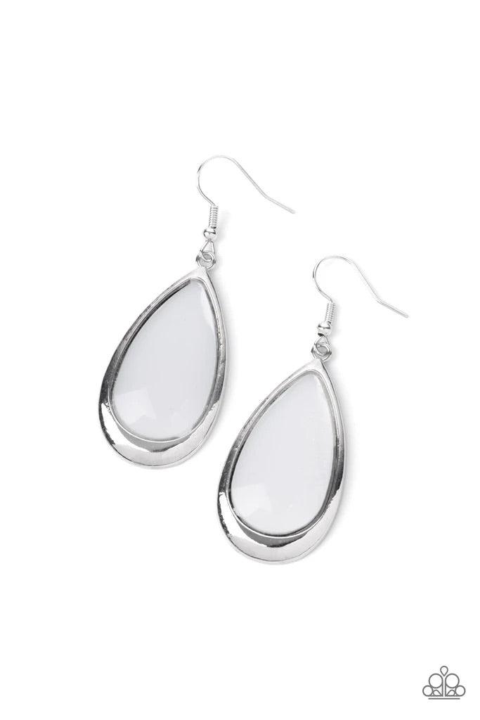 Paparazzi Accessories A World To Seer - White A glassy white teardrop is nestled inside a glistening silver frame, creating an ethereally elegant lure. Earring attaches to a standard fishhook fitting. Sold as one pair of earrings. Jewelry