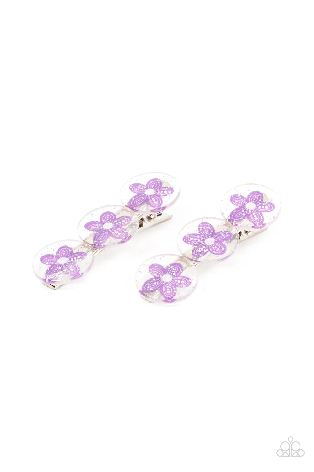Paparazzi Accessories Pamper Me-in Posies - Purple Sprinkled in silvery sparkles, trios of purple flower adorned acrylic discs join into a whimsical pair of hair clips. Features standard hair clips on the back. Sold as one pair of hair clips. Hair Claws &