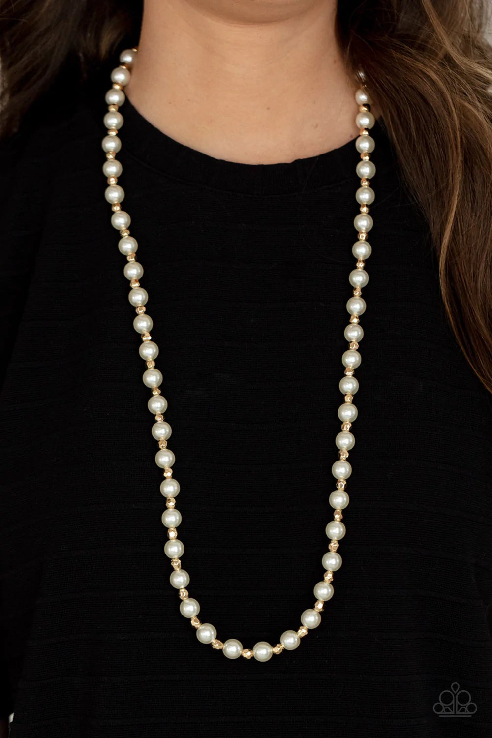 Paparazzi Accessories Nautical Novelty - Gold Classic white pearls and faceted gold beads alternate along an invisible wire below the collar, creating a timeless twist. Features an adjustable clasp closure. Sold as one individual necklace. Includes one pa