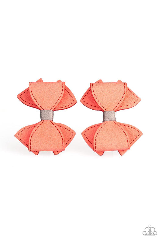 Paparazzi Accessories Boots And Bows - Orange Infused with gray ribbon, coral suede delicately knots into a pair of dainty bows. Features a standard hair clip on the back. Hair Accessories