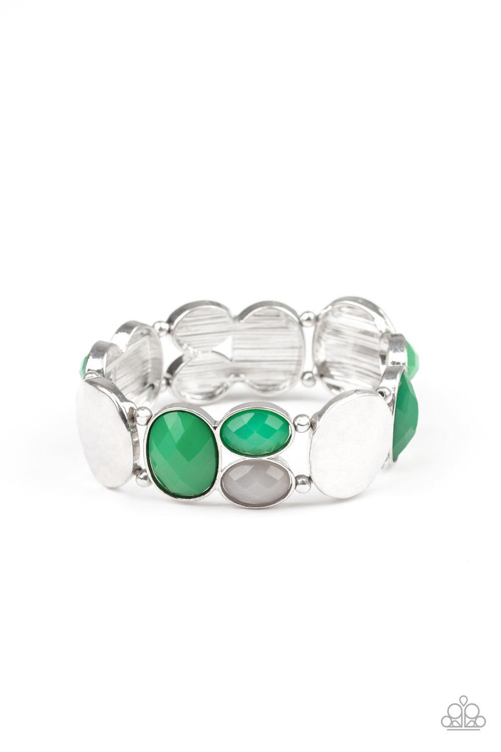 Paparazzi Accessories Chroma Charisma - Green A mismatched collection of hammered silver pieces and faceted opaque and Eden beads are threaded along a stretchy band around the wrist for a dramatically colorful look. Jewelry