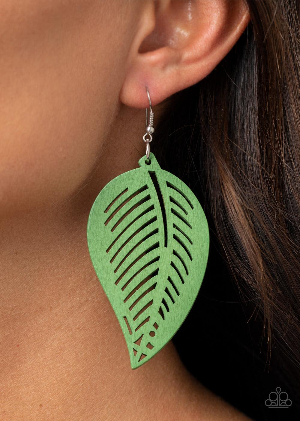 Paparazzi Accessories Tropical Foliage - Green Painted in a refreshing green finish, a wooden frame is delicately cut into an airy leaf pattern for a seasonal flair. Earring attaches to a standard fishhook fitting. Sold as one pair of earrings. Jewelry