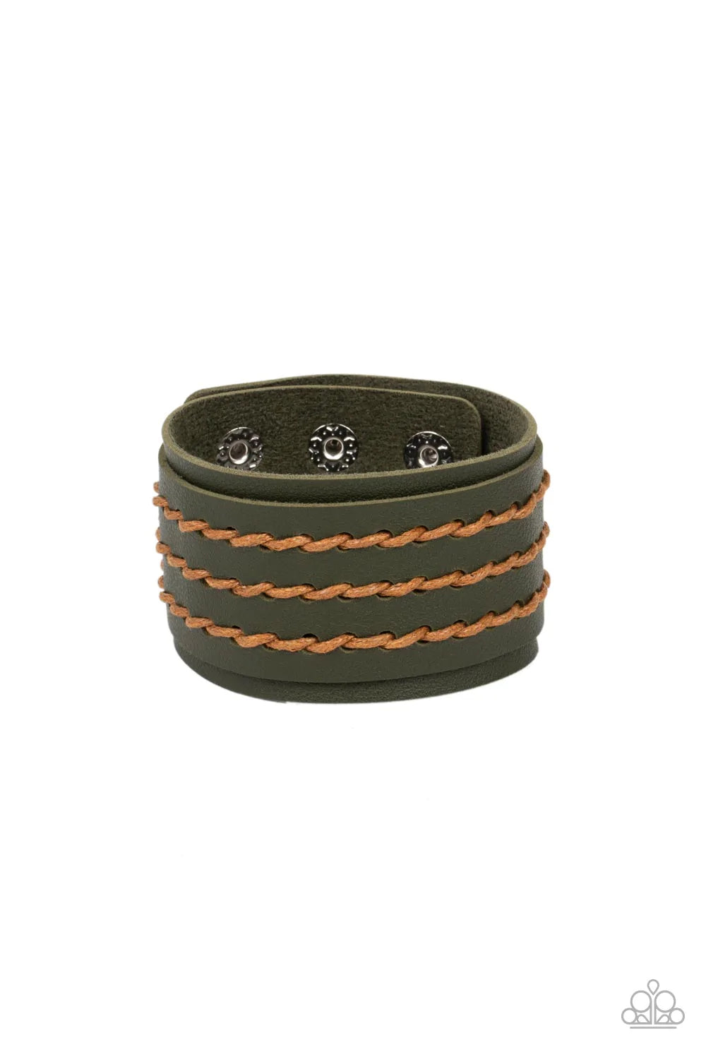 Paparazzi Accessories Real Ranchero - Green Three rows of brown cording are laced down the center of an Olive Branch leather band that is studded in place across the front of a thick Olive Branch leather band, resulting in a rustic flair around the wrist.