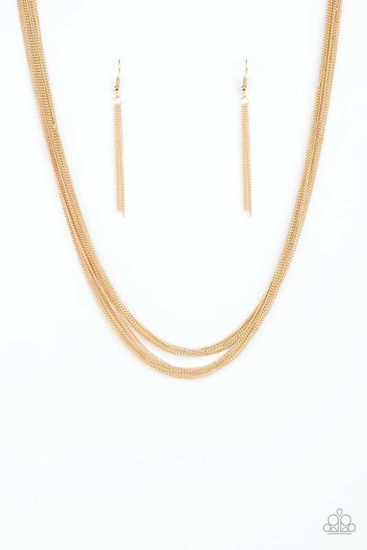 Paparazzi Accessories Backstage Bravado - Gold Row after row of dainty gold chains layer below the collar, coalescing into a bulky statement piece. Features an adjustable clasp closure. Jewelry