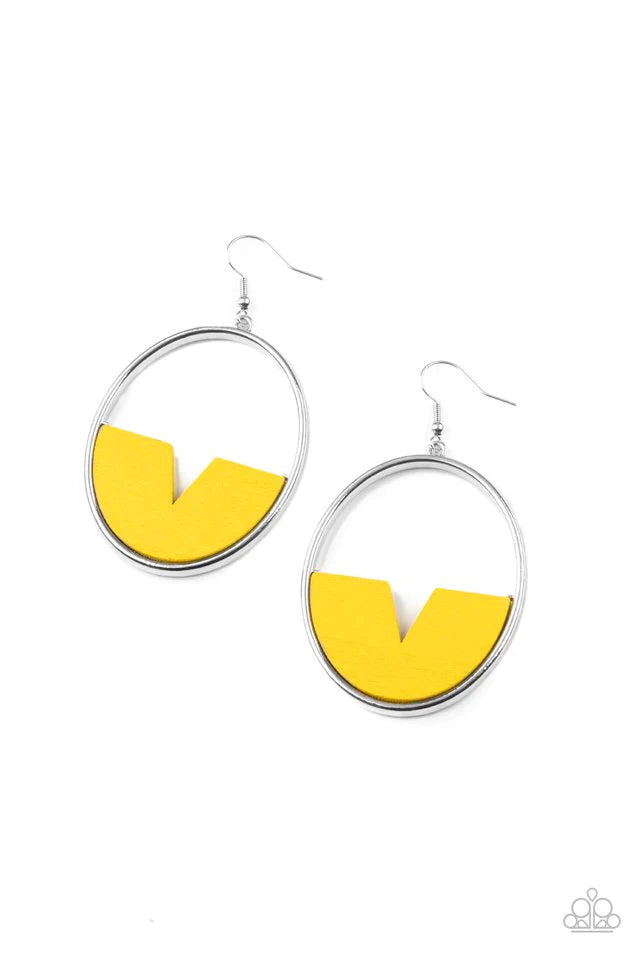 Paparazzi Accessories Island Breeze - Yellow Featuring a triangular cut, a crescent shaped yellow wooden frame is fitted in place along the bottom of a shiny silver hoop, creating a retro lure. Earring attaches to a standard fishhook fitting. Sold as one