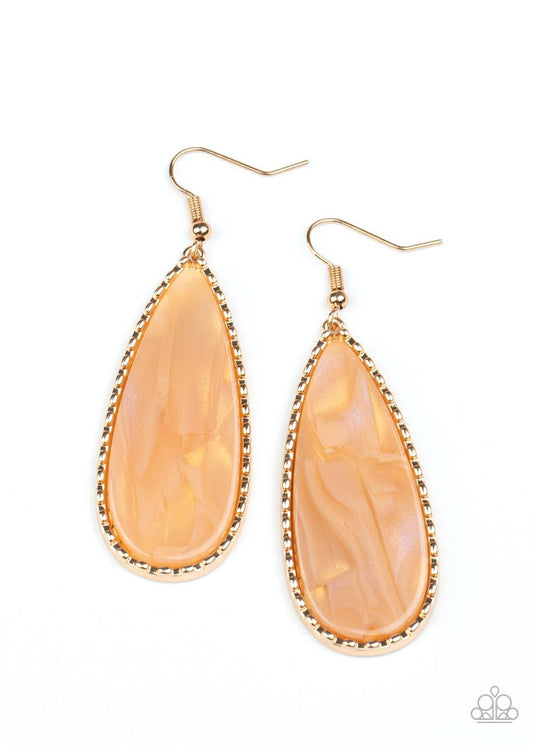 Paparazzi Accessories Ethereal Eloquence - Gold Featuring a shell-like shimmer, a golden faux marble acrylic teardrop is encased into a studded gold frame for an ethereally refined fashion. Earring attaches to a standard fishhook fitting. Sold as one pair