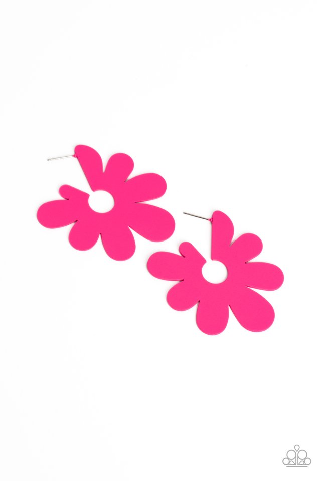 Paparazzi Accessories Flower Power Fantasy - Pink Asymmetrical, oversized Pink Peacock petals bloom into an abstract flower hoop for a fashionable, attention-grabbing pop of color around the ear. Earring attaches to a standard post fitting. Hoop measures