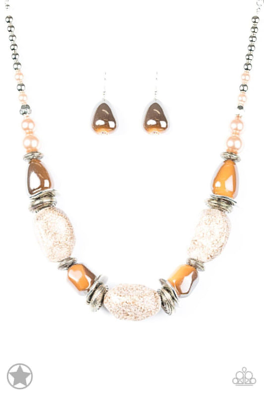 Paparazzi Accessories In Good Glazes - Peach Chunky amber and peach beads with a beautiful glazed finish are complemented by large speckled faux rocks and pearly brown beads. Features an adjustable clasp closure. Jewelry