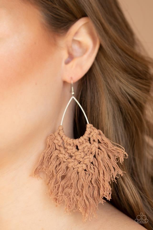 Paparazzi Accessories Oh MACRAME, Oh My - Brown Soft brown twine is decoratively knotted around a silver teardrop frame, creating a statement making fringe. Earring attaches to a standard fishhook Jewelry