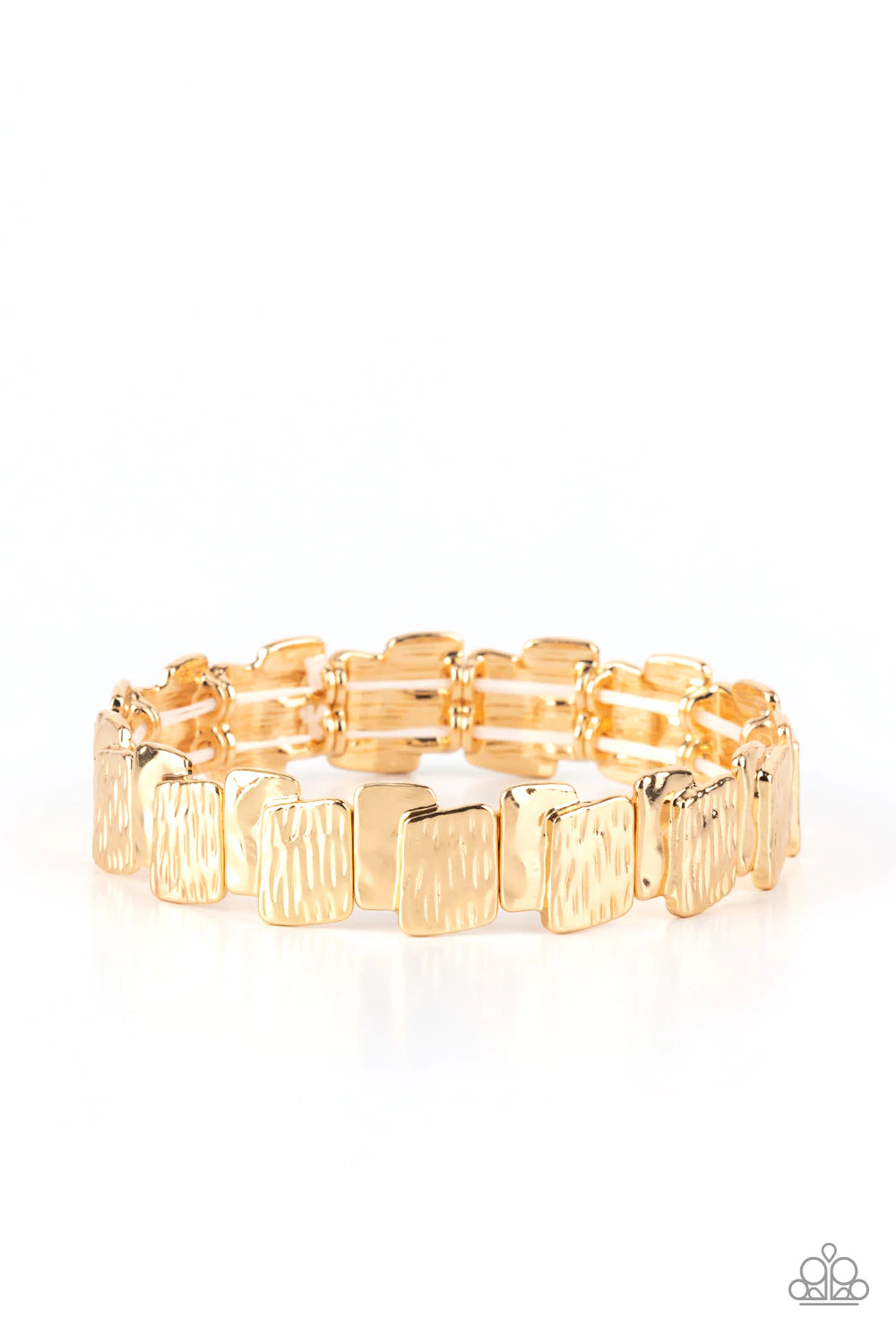 Paparazzi Accessories Urban Stackyard - Gold Featuring hammered and linear etched patterns, stacks of shiny gold rectangular frames are threaded along stretchy bands around the wrist for an urban look. Sold as one individual bracelet. Bracelets