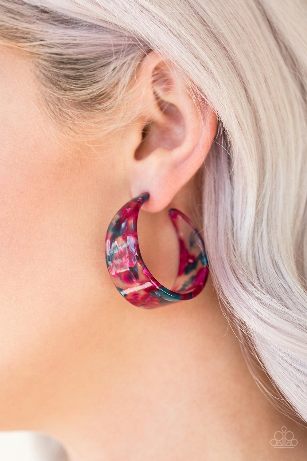 Paparazzi Accessories Havana Heat Wave - Multi Brushed in a colorful faux marble finish, a flat multicolored hoop curls around the ear for a retro look. Earring attaches to a standard post fitting. Hoop measures 1 1/2" in diameter. Jewelry