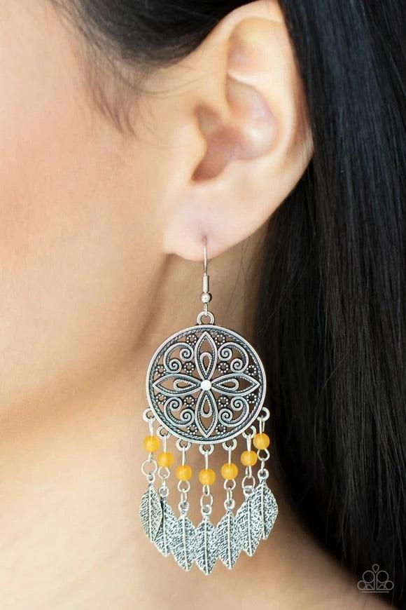 Paparazzi Accessories Free-Spirited Fashionista - Orange Dotted with a dainty iridescent rhinestone center, a mandala patterned silver frame gives way to a fringe of opaque orange beads and antiqued silver feathers, creating a whimsy centerpiece. Earring