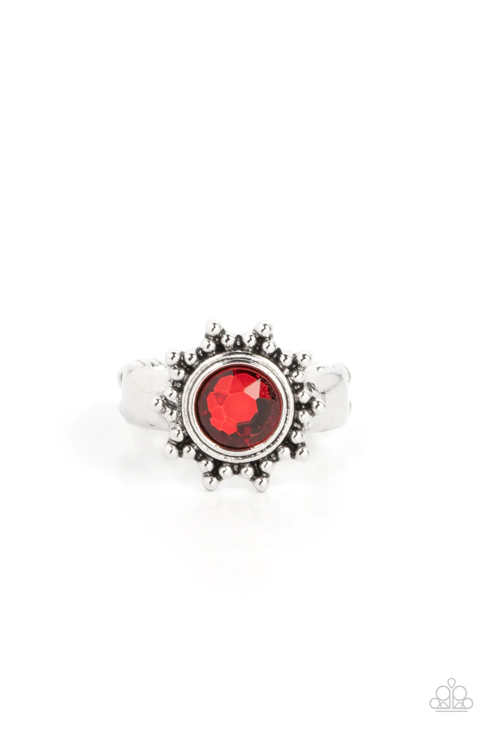 Paparazzi Accessories Expect Sunshine & Reign - Red Dainty silver studs radiate out from an oversized red rhinestone center, resulting into a radiant sunburst frame atop the finger. Features a dainty stretchy band for a flexible fit. Sold as one individua