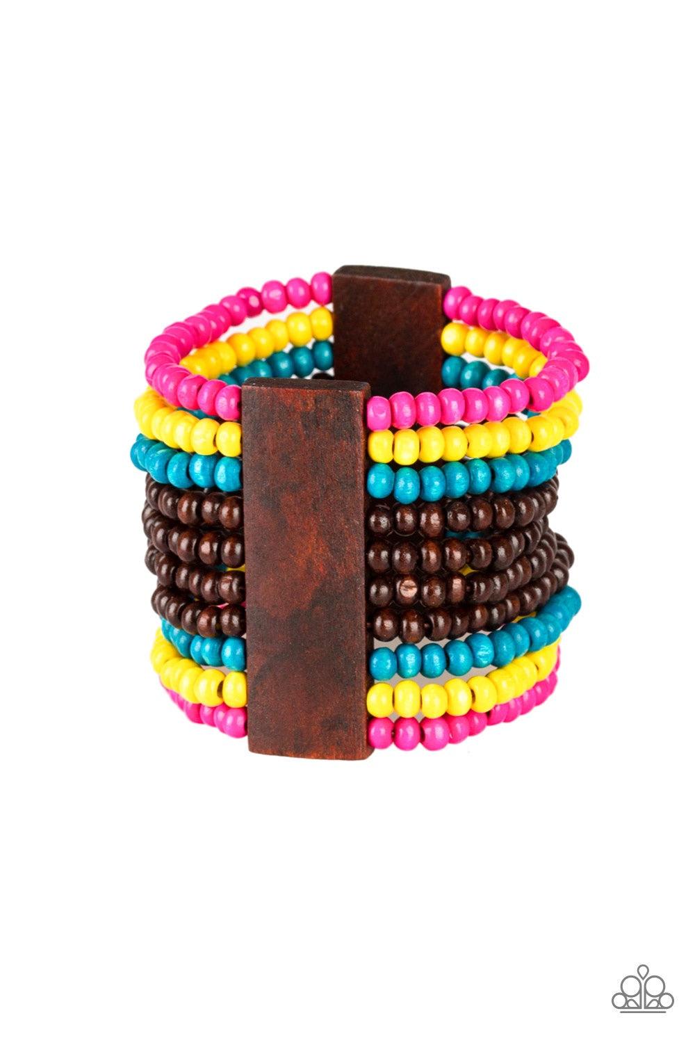 Paparazzi Accessories Jamaican Me Jam - Multi Infused with rectangular wooden beads, a collection of blue, brown, pink, and yellow wooden beads are threaded along stretchy bands for a summery flair. Jewelry