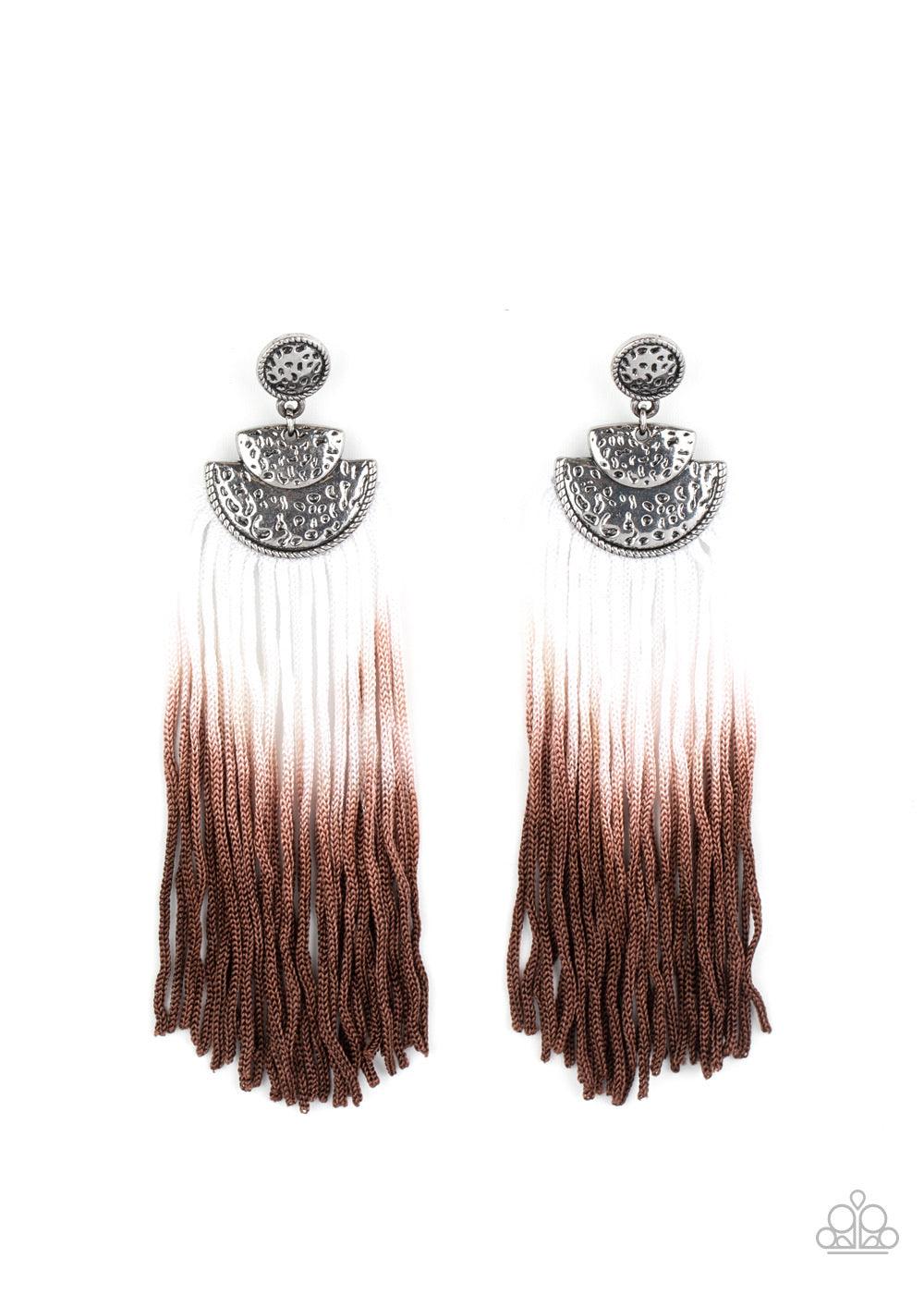 Paparazzi Accessories DIP It Up - Brown Gradually fading from white to brown, shiny cording streams from the bottom of hammered silver frames, creating a colorful fringe. Earring attaches to a standard post fitting. Sold as one pair of post earrings. Jewe