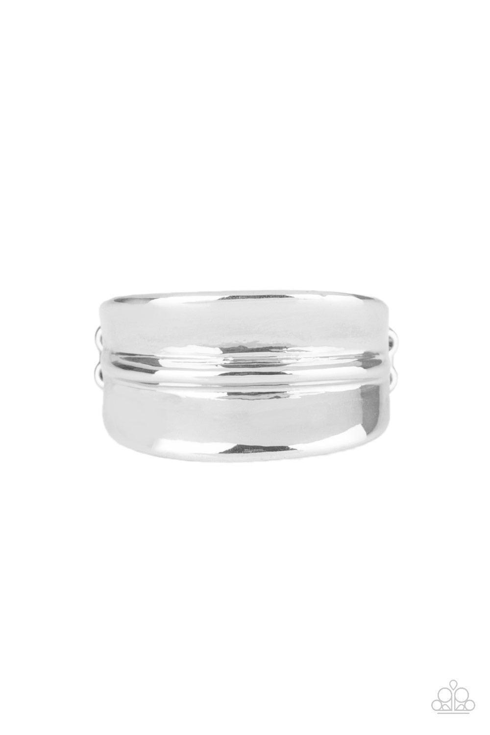Paparazzi Accessories Band Together - Silver Brushed in a high-sheen finish, a rippling silver band arcs across the finger for a classic look. Features a dainty stretchy band for a flexible fit. Sold as one individual ring. Jewelry