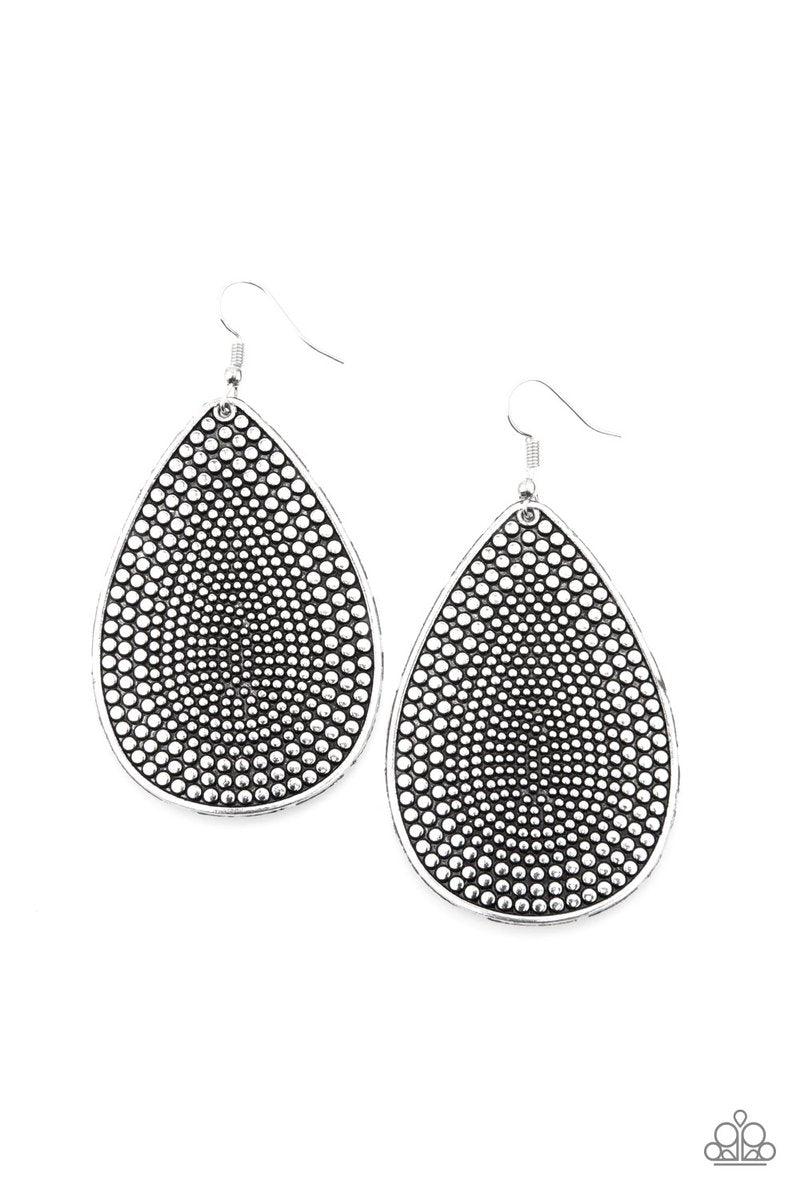 Paparazzi Accessories Artisan Adornment - Silver Antiqued silver studs gradually increase in size as they radiate outwards across the front of an oversized silver teardrop. Earring attaches to a standard fishhook fitting. Sold as one pair of earrings. Jew