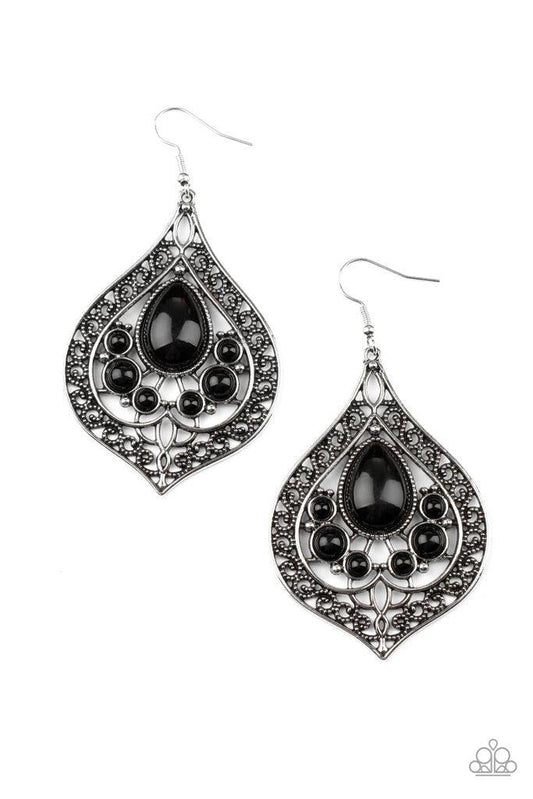 Paparazzi Accessories New Delhi Nouveau - Black Dotted in dainty white rhinestones, an asymmetrical oval gold frame swings from the ear for a sassy look. Earring attaches to a standard fishhook fitting. Sold as one pair of earrings. Jewelry