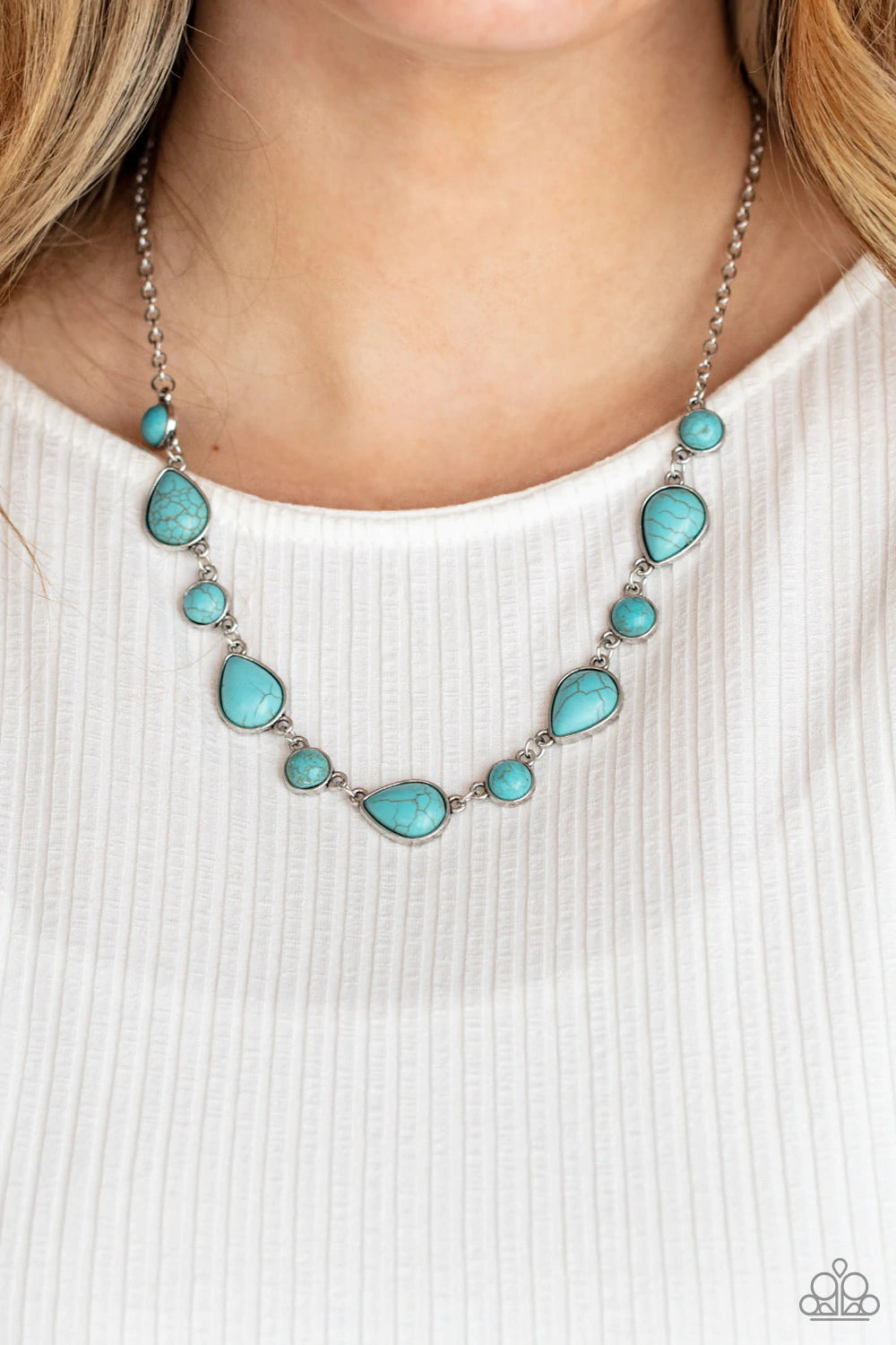 Paparazzi Accessories Heavenly Teardrops - Blue Encased in sleek silver frames, a refreshing collection of round and teardrop turquoise stones delicately link below the collar for a whimsical pop of color. Features an adjustable clasp closure. Sold as one