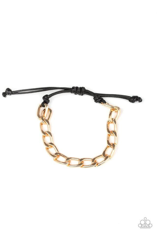 Paparazzi Accessories Goalpost - Gold Shiny black cording knots around the ends of a gold beveled cable chain that is wrapped across the top of the wrist for a versatile look. Features an adjustable sliding knot closure. Sold as one individual bracelet. J