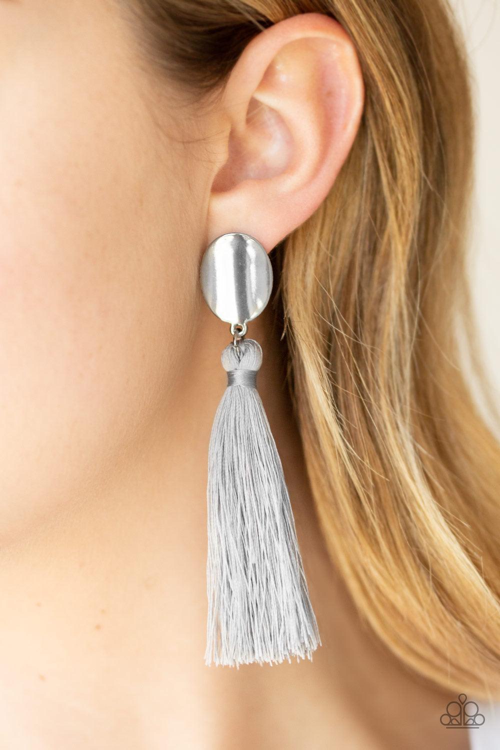 Paparazzi Accessories Va Va Plume - Silver A plume of shiny gray thread streams from the bottom of a glistening gunmetal frame, creating a dramatically tasseled look. Earring attaches to a standard post fitting. Earrings