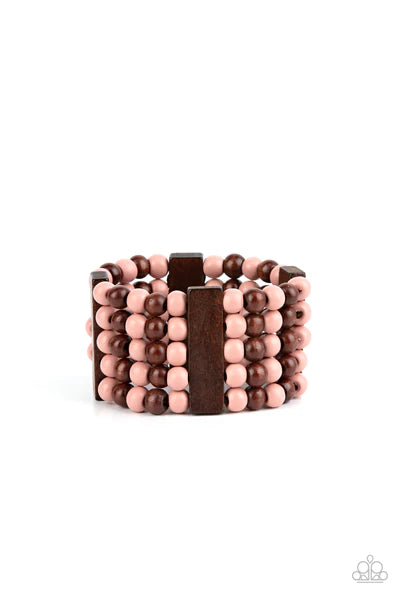 Paparazzi Accessories Island Soul - Pink Colorful layers of brown and Pale Rosette wooden beads are threaded along stretchy bands between brown wooden bars creating stacks of subtle bliss around the wrist. Sold as one individual bracelet. Jewelry