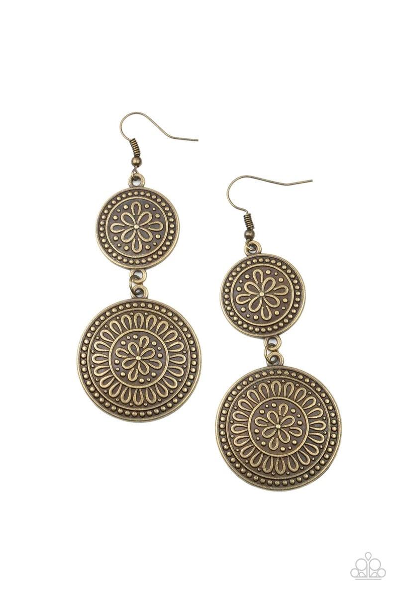 Paparazzi Accessories Road Trip Paradise - Brass Embossed in floral filigree, two round brass frames delicately link into a rustic lure for a whimsy fashion. Earring attaches to a standard fishhook fitting. Sold as one pair of earrings. Jewelry