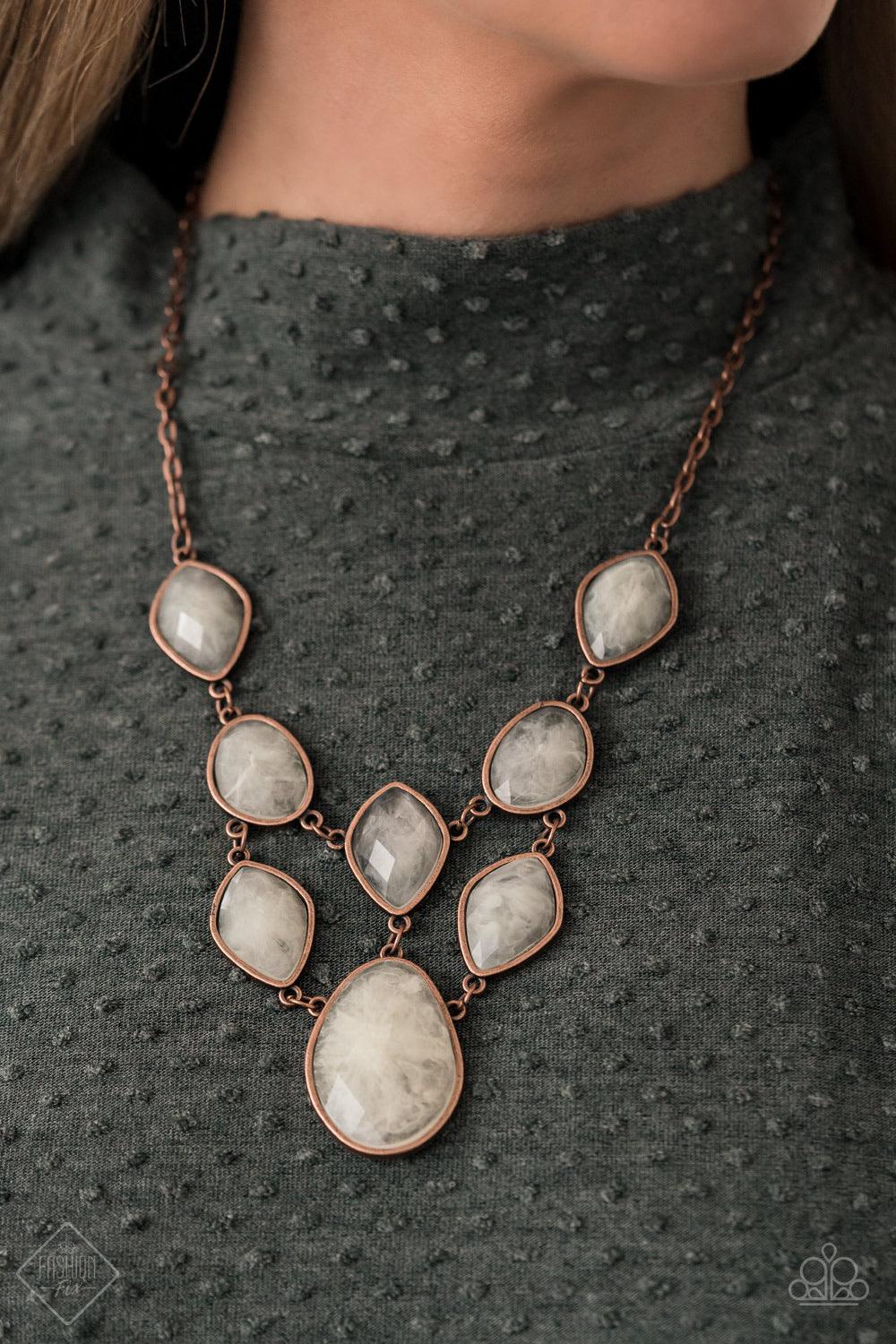 Paparazzi Accessories Opulently Oracle - Copper Featuring faceted surfaces, a collection of cloudy faux stone beads are pressed into rustic copper frames as they link into a mystical netted display below the collar. The asymmetrical frames and staggered p