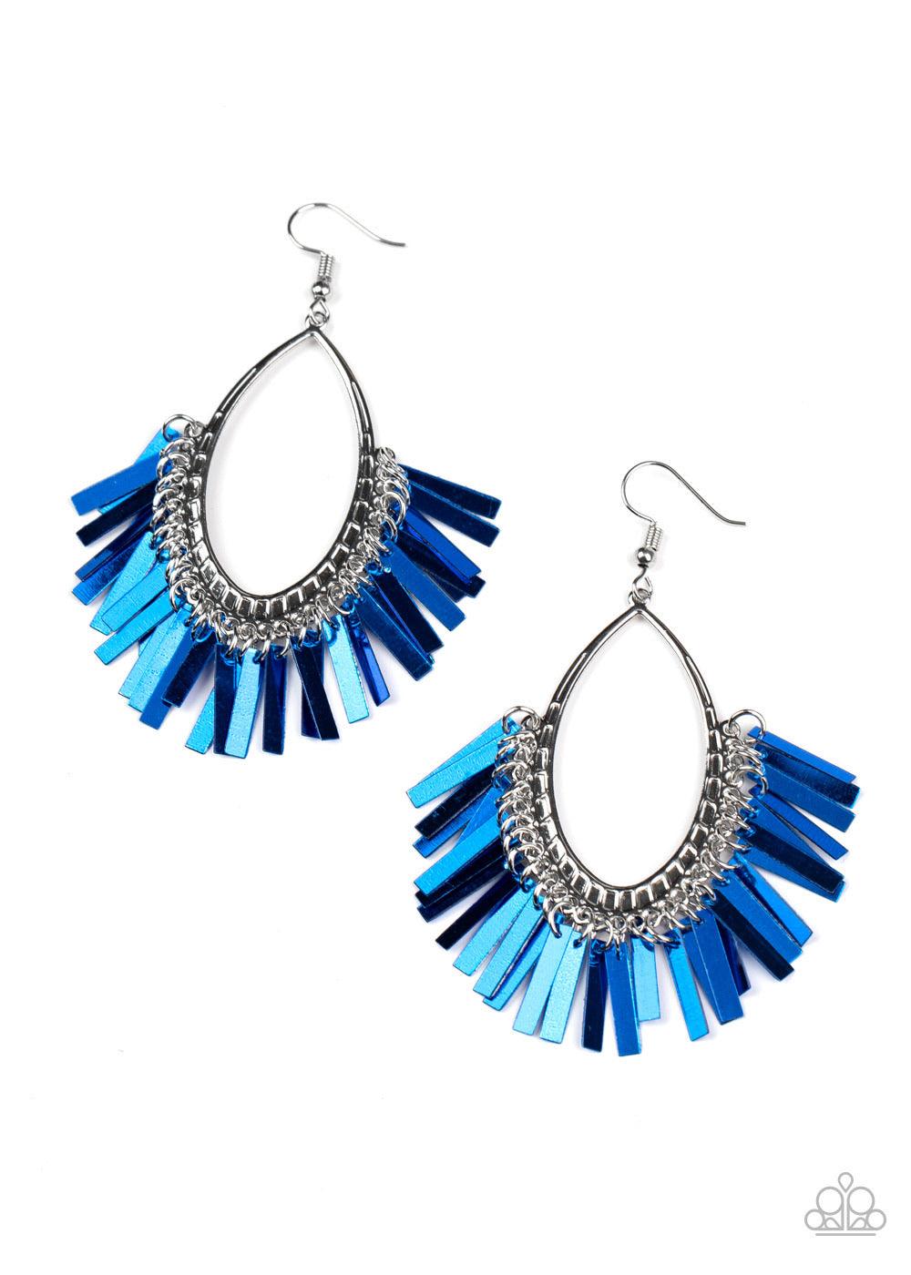 Paparazzi Accessories Fine- Tuned Machine - Blue Featuring a shiny blue metallic finish, flat rectangular rods dangle from the bottom of a textured silver frame, creating an edgy fringe. Earring attaches to a standard fishhook fitting. Sold as one pair of