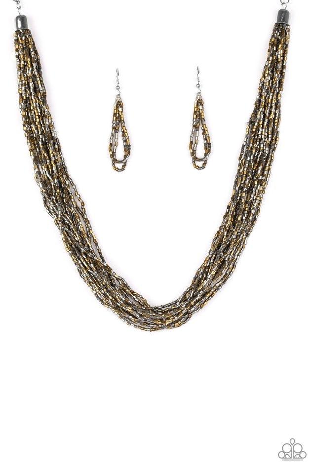 Paparazzi Accessories The Speed of STARLIGHT - Multi Stands of glistening brass and gunmetal seed beads subtlety twist below the collar, coalescing into a blinding shimmer. Features an adjustable clasp closure. Sold as one individual necklace. Includes on