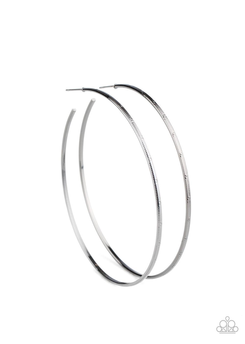 Paparazzi Accessories Very Curvaceous - Black Delicately hammered in a subtle shimmer, a glistening gunmetal wire dramatically curves into an oversized hoop for a flawless finish. Earring attaches to a standard post fitting. Hoop measures approximately 2