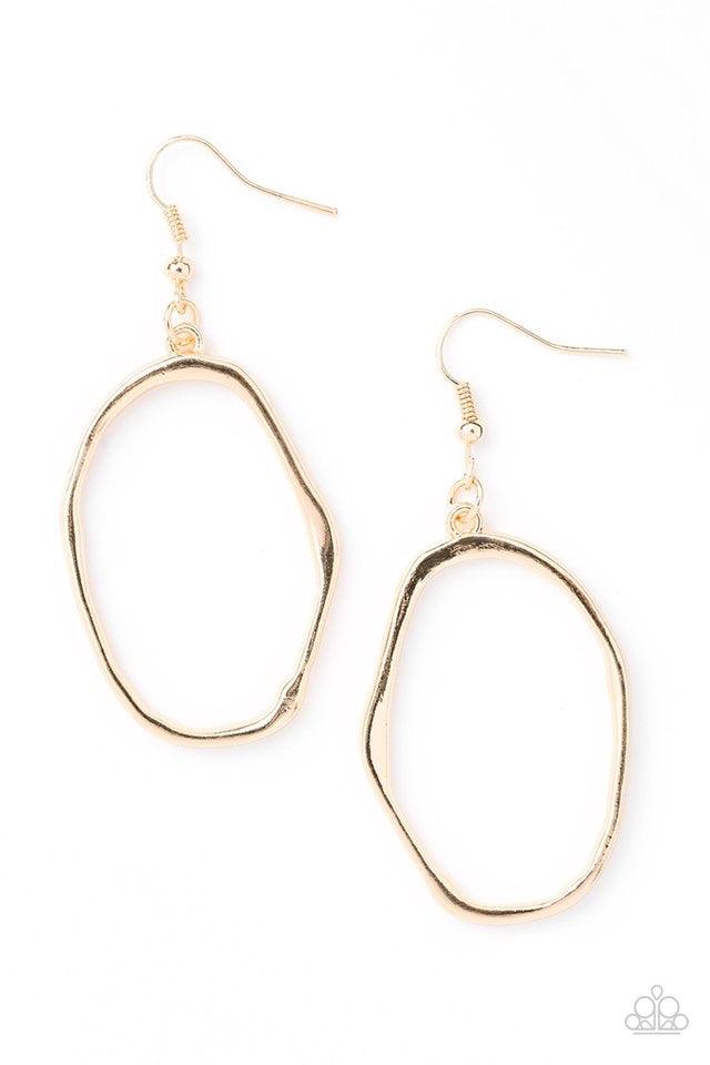 Paparazzi Accessories Eco Chic - Gold Brushed in a high-sheen finish, a delicately hammered gold hoop joins into an asymmetrical frame for a handcrafted look. Earring attaches to a standard fishhook fitting. Jewelry