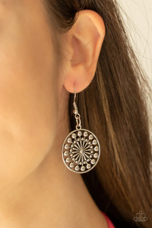 Paparazzi Accessories One MANDALA Show - Red A lengthened piece of red suede cording is knotted around a silver ring and a decorative studded silver frame, creating a whimsy mandala-like pendant. Features an adjustable clasp closure. Sold as one individua