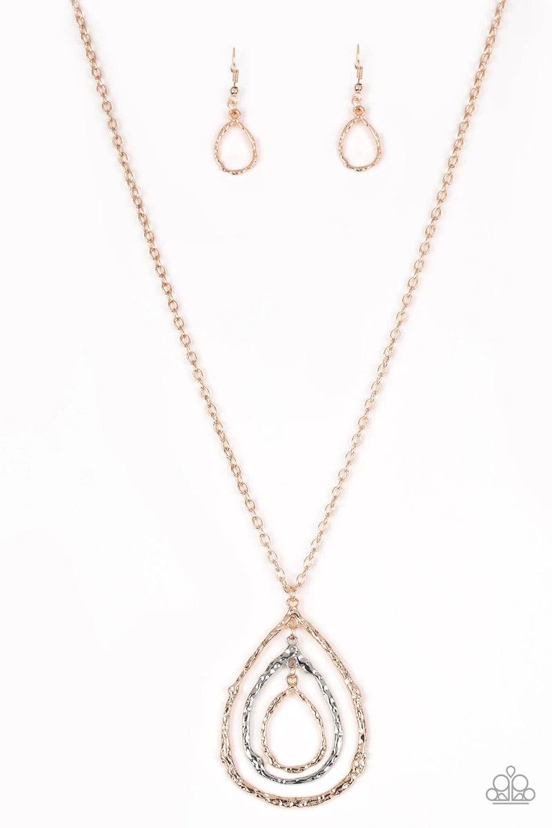 Paparazzi Accessories Going for Grit - Rose Gold Brushed in a high-sheen shimmer, delicately hammered rose gold and silver teardrop silhouettes swing from the bottom of a lengthened rose gold chain for a rustic look. Features an adjustable clasp closure.